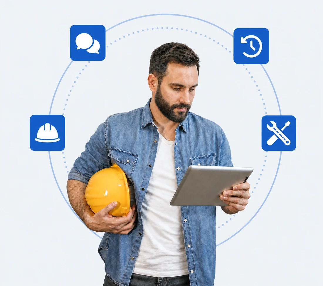 Bauarbeiter mit Helm unter dem Arm erfasst seine Arbeit auf dem Tablet, umgeben von Symbolen für Meldungen, Stunden, Sicherheit und Material.