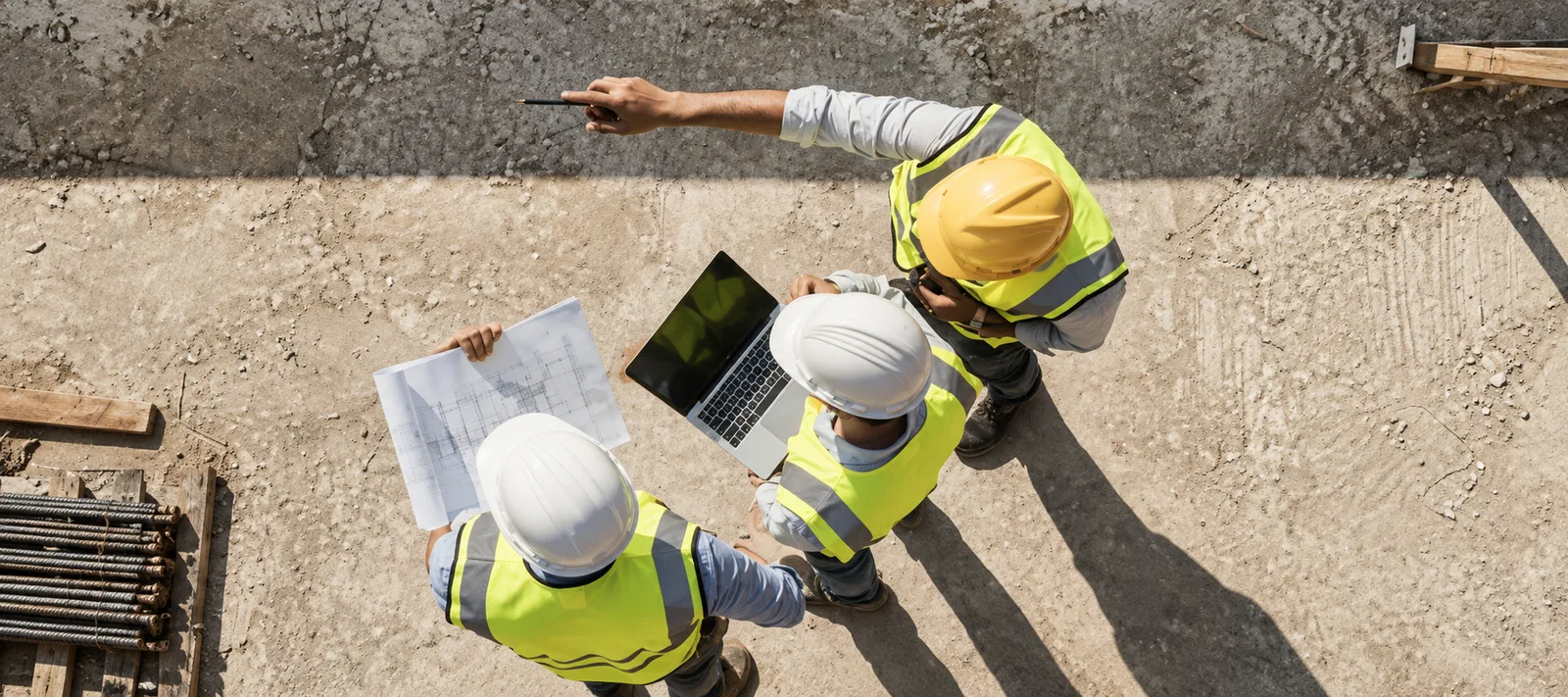 Drei Bauleute mit Schutzhelmen besprechen Baupläne und einen Laptop auf der Baustelle, aus der Vogelperspektive.